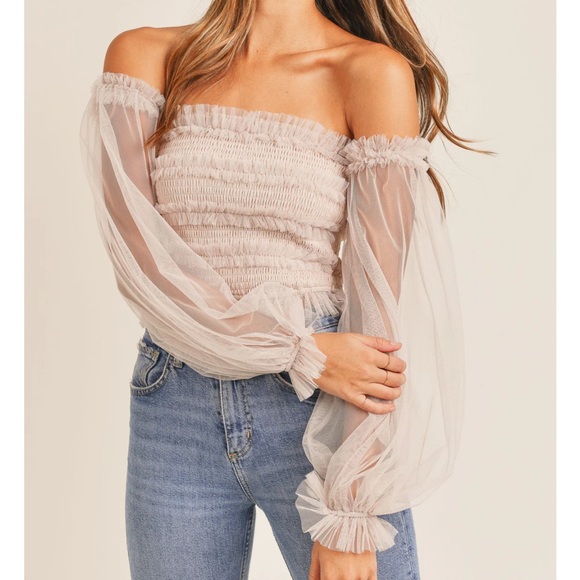 Mable Tops - Mable Smocked Tulle Tube Cropped Top Neutral Size Small